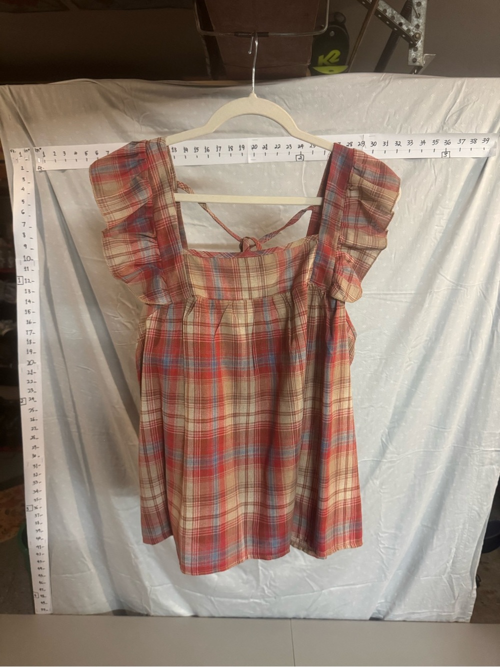 Plaid Square-Neck Tank Top with Tie Back in Red and Cream